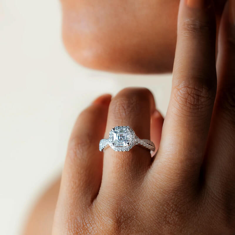 Halo Asscher Cut Moissanite Twisted Pave Engagement Ring