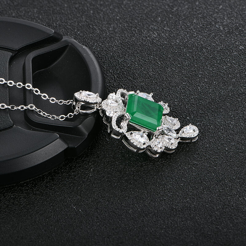 Halo Asscher Emerald Pave Drop Necklace In Sterling Silver