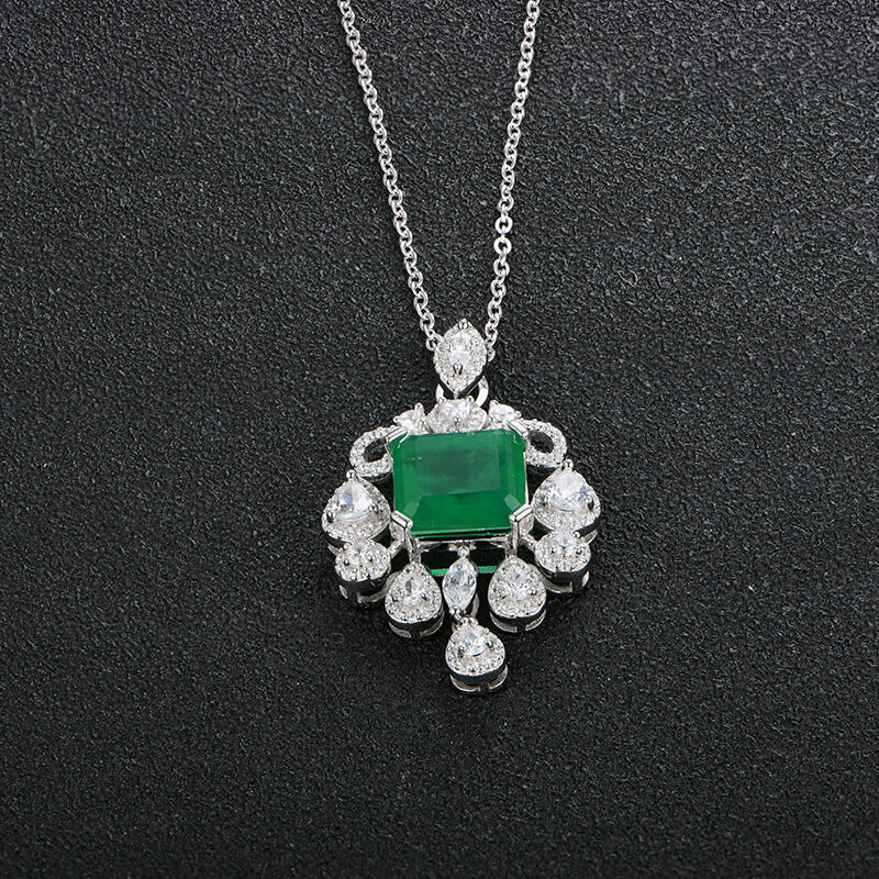 Halo Asscher Emerald Pave Drop Necklace In Sterling Silver