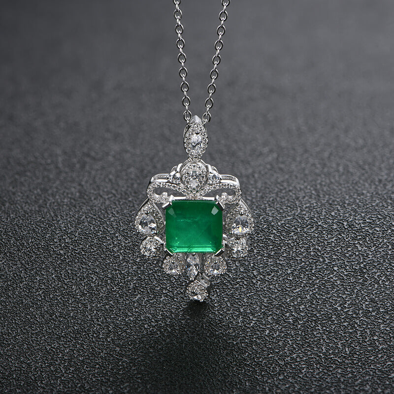Halo Asscher Emerald Pave Drop Necklace In Sterling Silver
