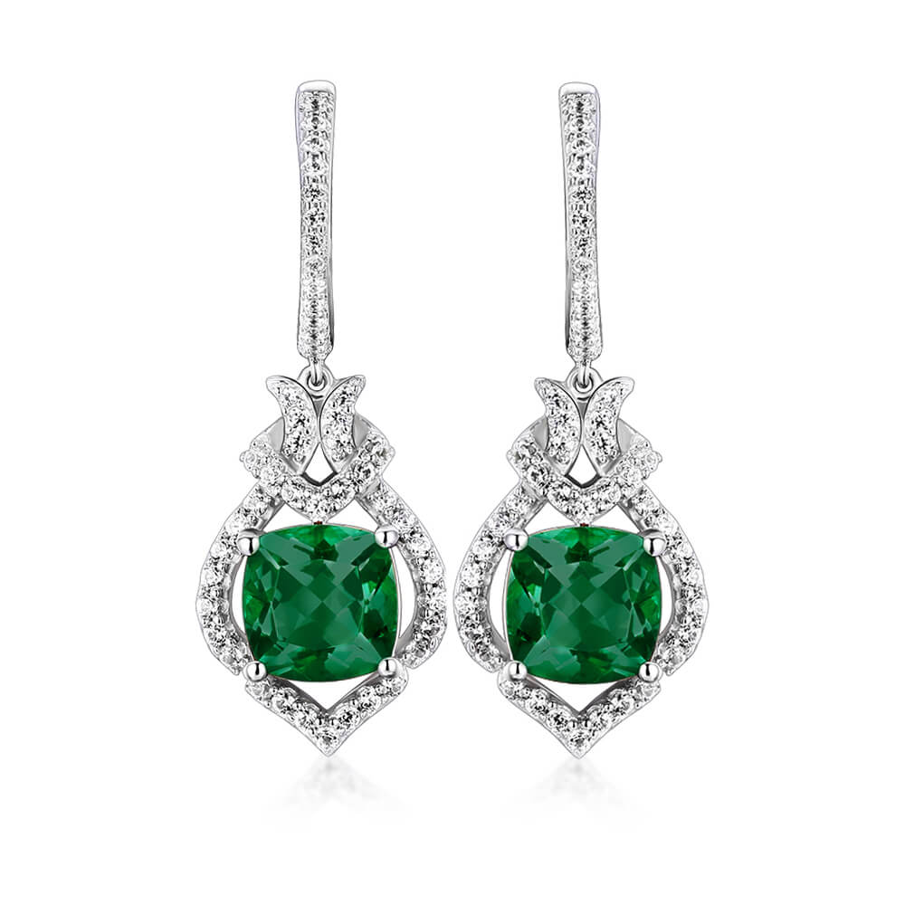 Halo Cushion-Cut Lab-Created Emerald Sterling Silver Drop Earrings