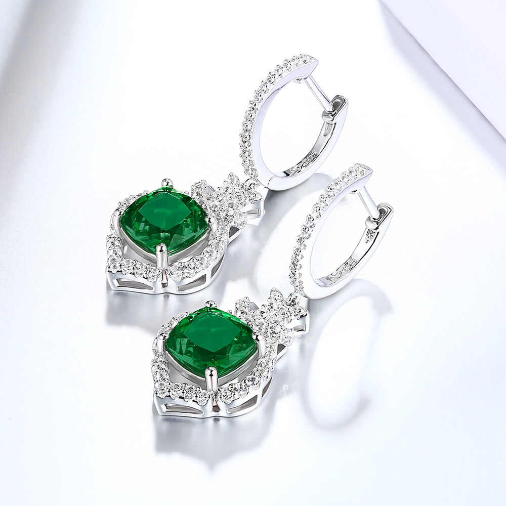 Halo Cushion-Cut Lab-Created Emerald Sterling Silver Drop Earrings