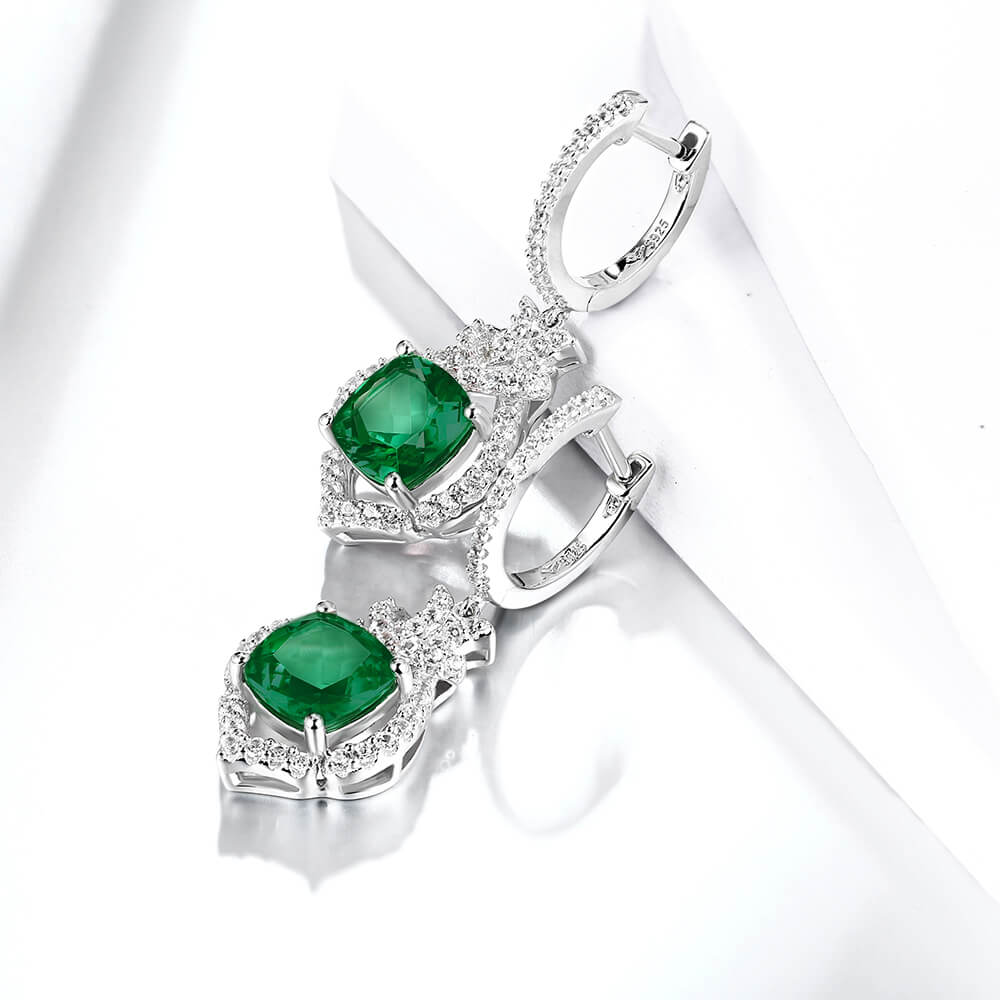 Halo Cushion-Cut Lab-Created Emerald Sterling Silver Drop Earrings
