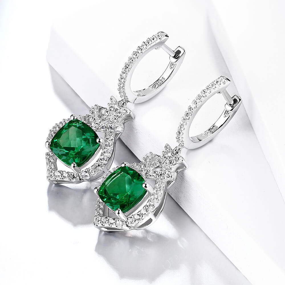 Halo Cushion-Cut Lab-Created Emerald Sterling Silver Drop Earrings