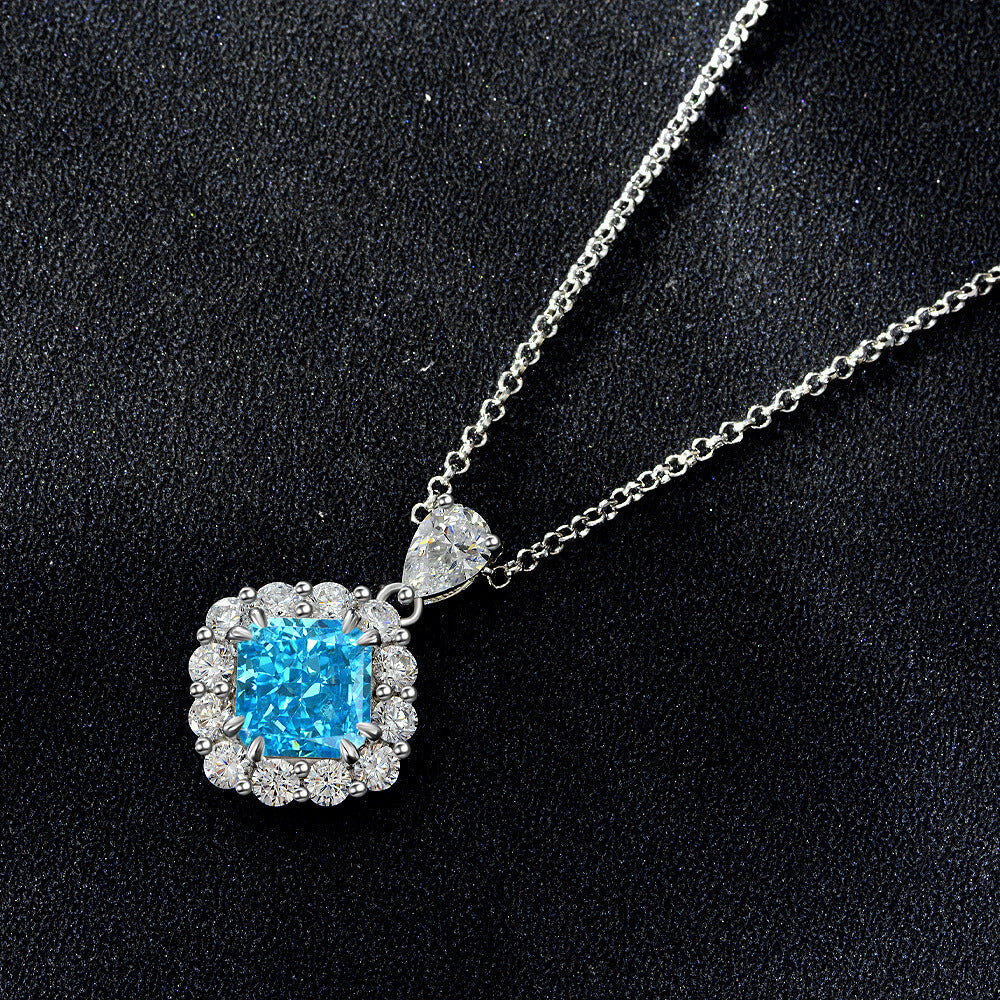 Halo Cushion-Cut Lab-Sapphire Sterling Silver Necklace Pendant