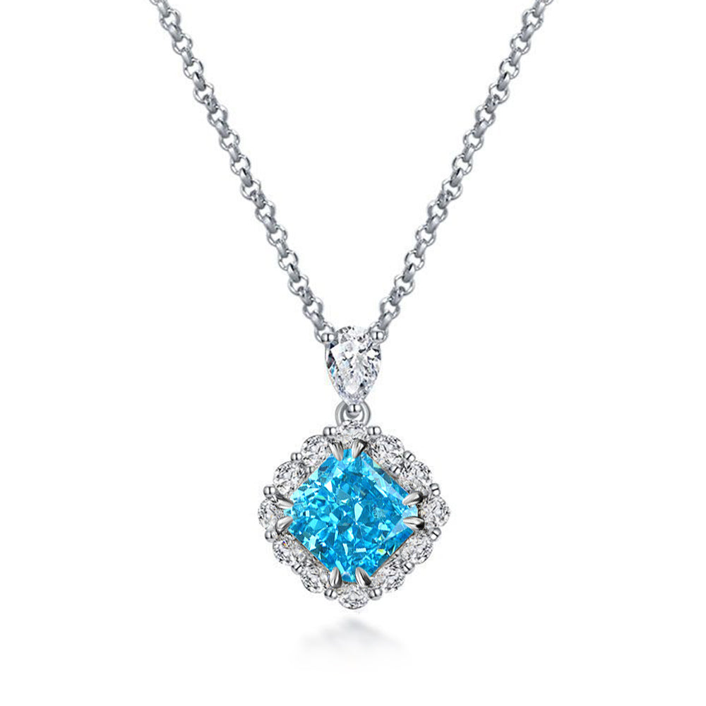 Halo Cushion-Cut Lab-Sapphire Sterling Silver Necklace Pendant