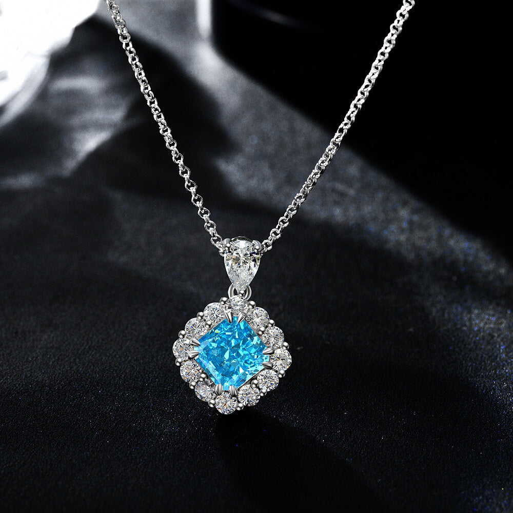 Halo Cushion-Cut Lab-Sapphire Sterling Silver Necklace Pendant