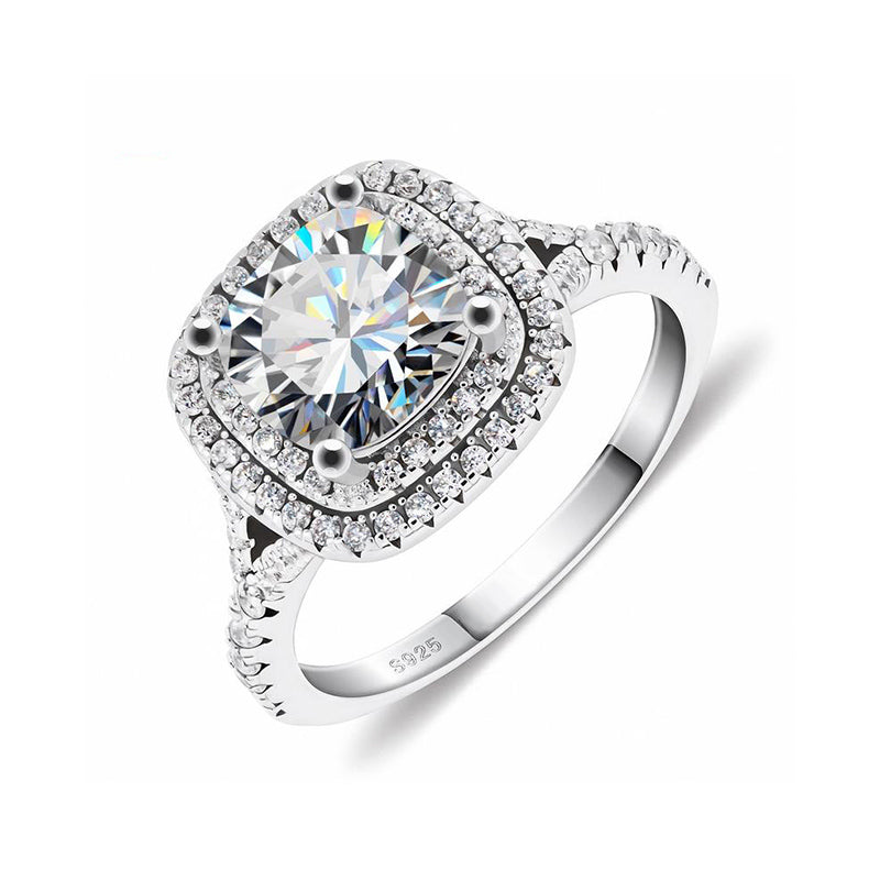 Double Halo Cushion Moissanite Pave Sterling Silver Engagement Ring