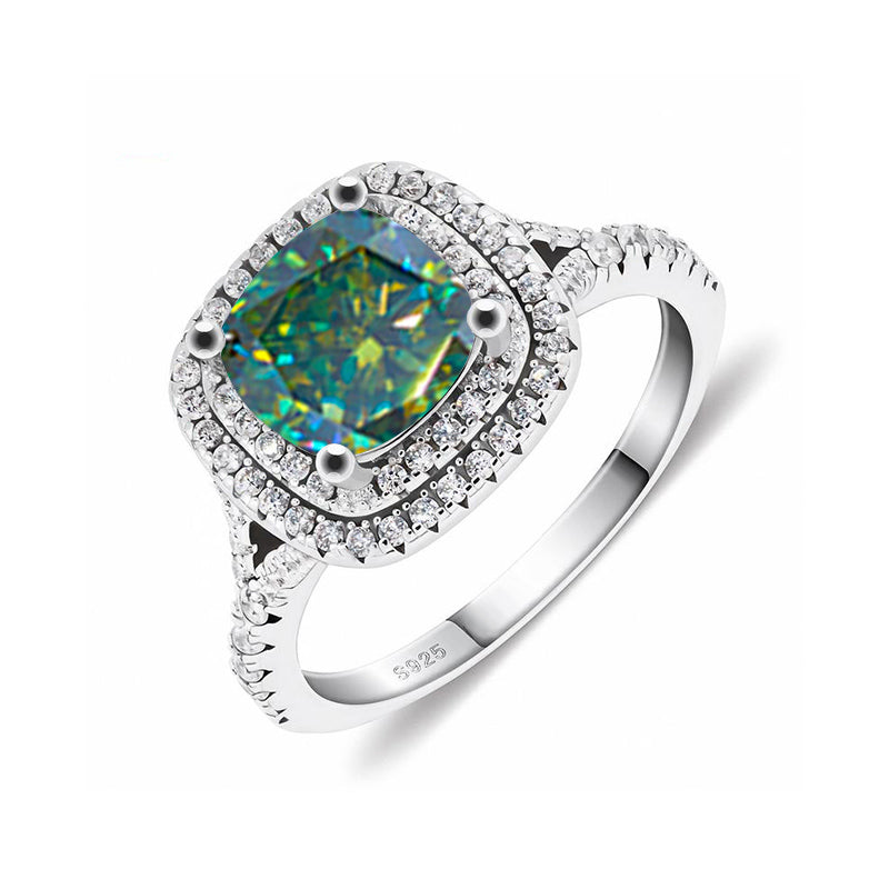 Double Halo Cushion Moissanite Pave Sterling Silver Engagement Ring
