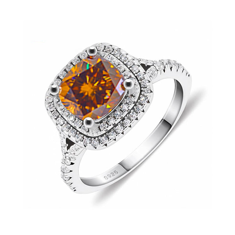 Double Halo Cushion Moissanite Pave Sterling Silver Engagement Ring