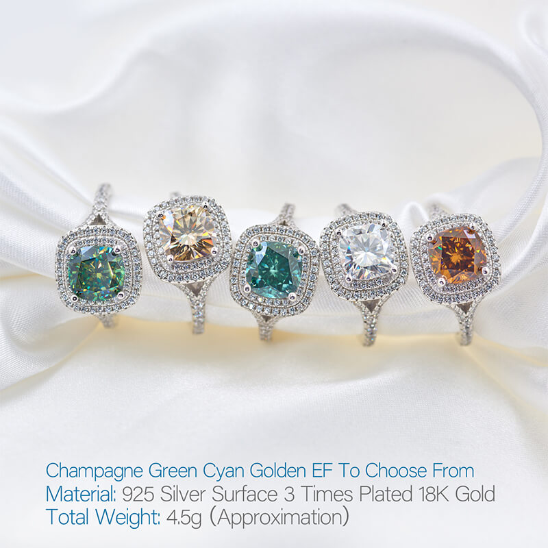 Double Halo Cushion Moissanite Pave Sterling Silver Engagement Ring