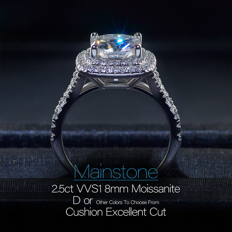 Double Halo Cushion Moissanite Pave Sterling Silver Engagement Ring