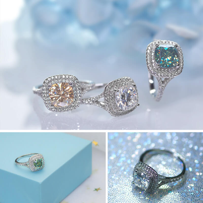Double Halo Cushion Moissanite Pave Sterling Silver Engagement Ring