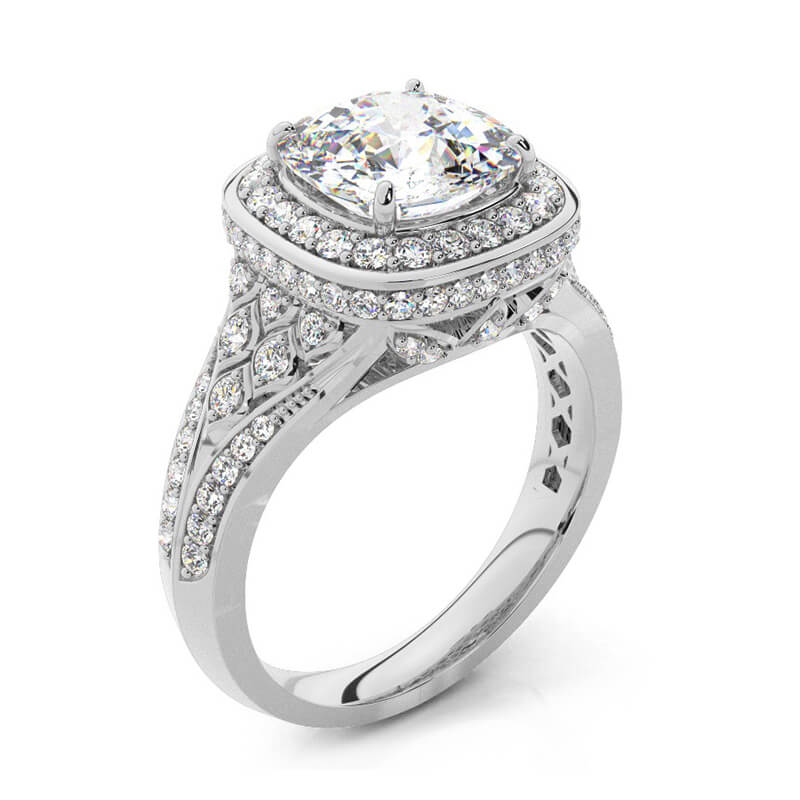 Halo Cushion Cut Moissanite Side Stone Pave Engagement Ring