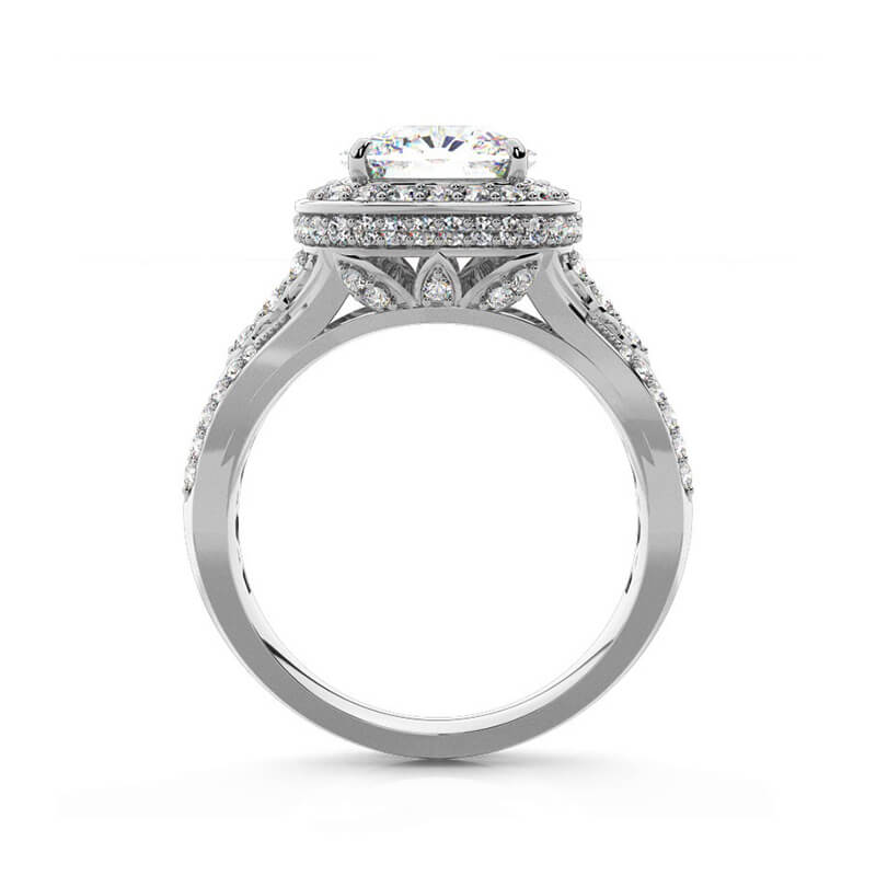 Halo Cushion Cut Moissanite Side Stone Pave Engagement Ring