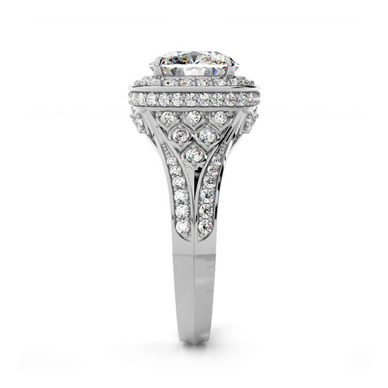 Halo Cushion Cut Moissanite Side Stone Pave Engagement Ring