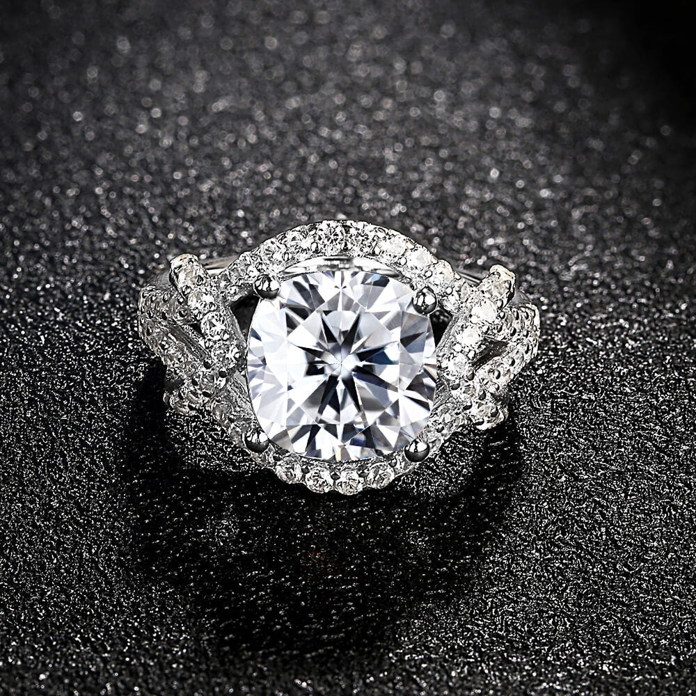 Halo Cushion Cut Moissanite Split Shank Engagement Ring