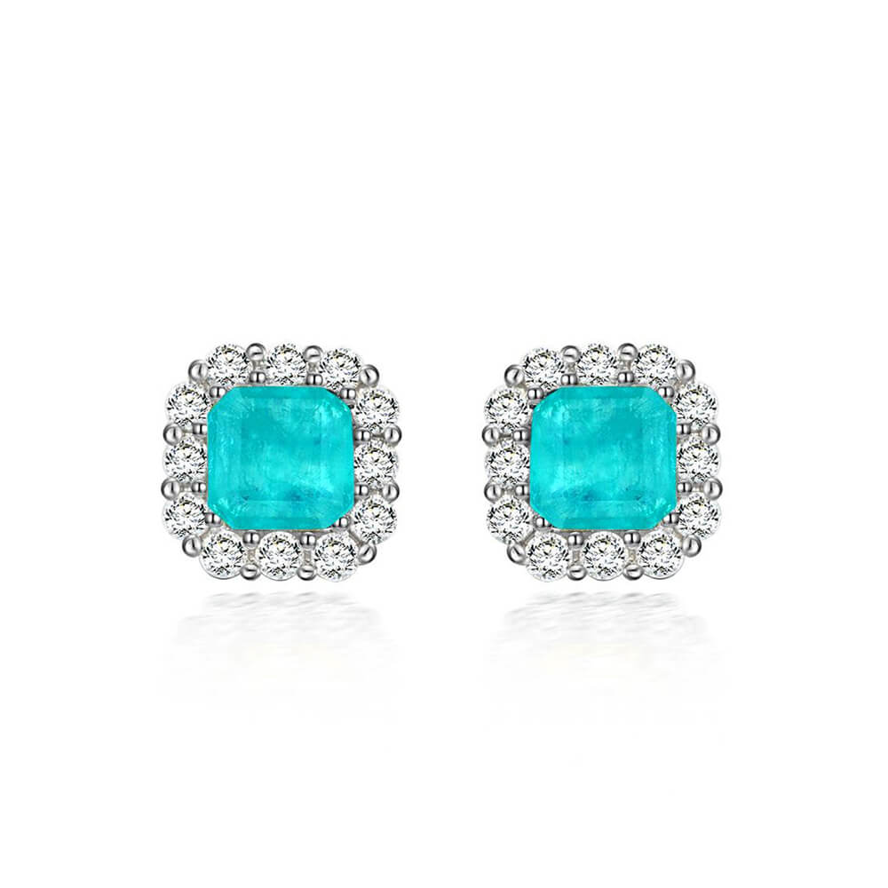 Halo Cushion Cut Paraiba Tourmaline Sterling Silver Stud Earrings