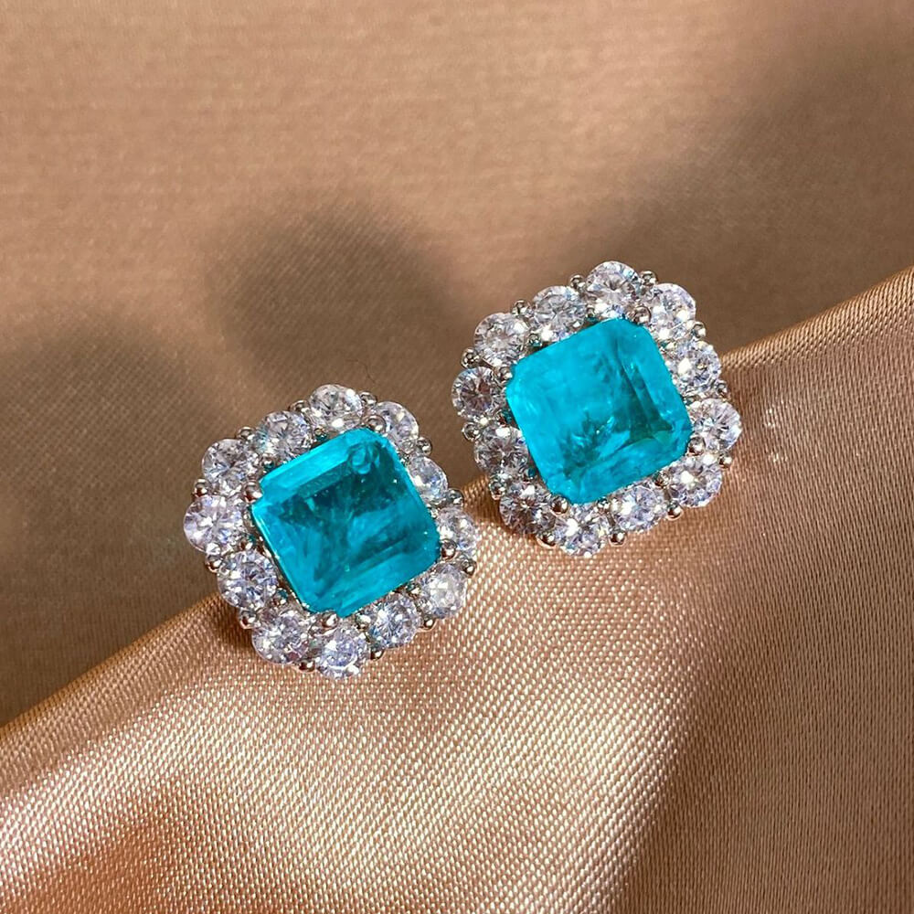Halo Cushion Cut Paraiba Tourmaline Sterling Silver Stud Earrings