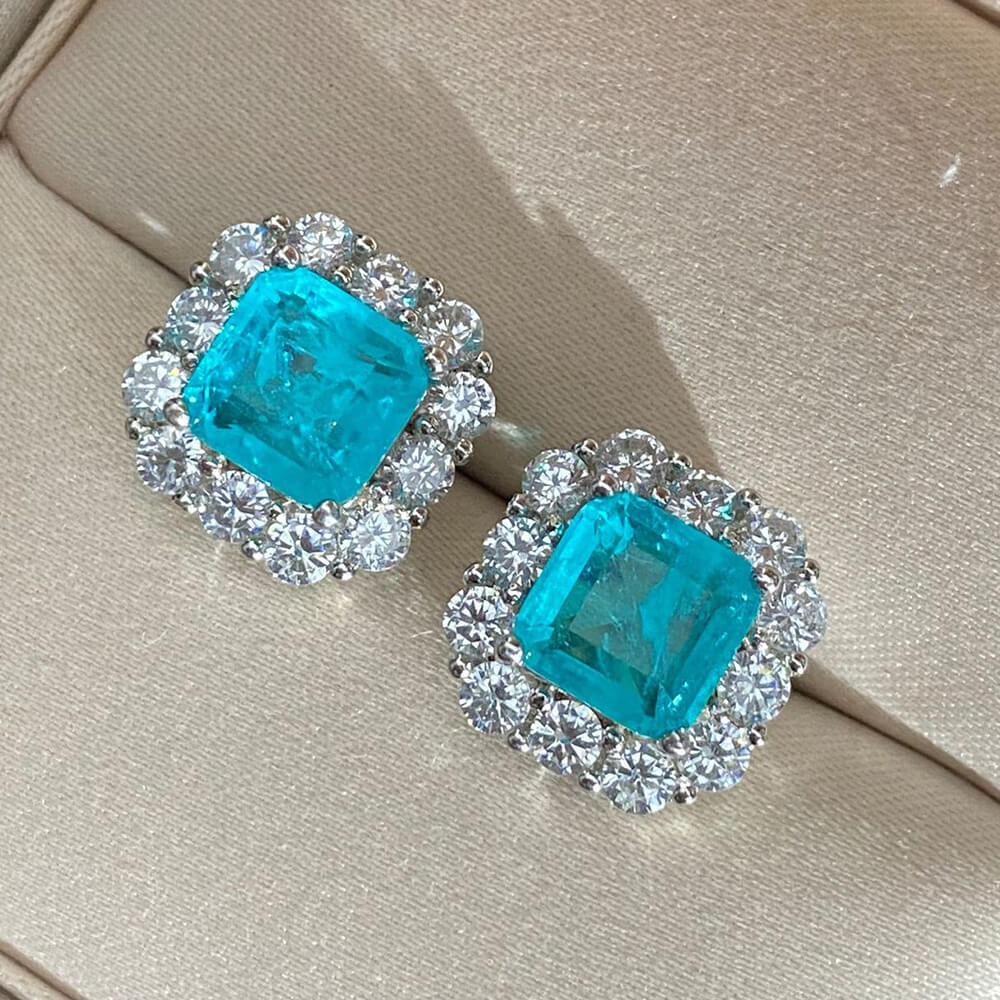 Halo Cushion Cut Paraiba Tourmaline Sterling Silver Stud Earrings
