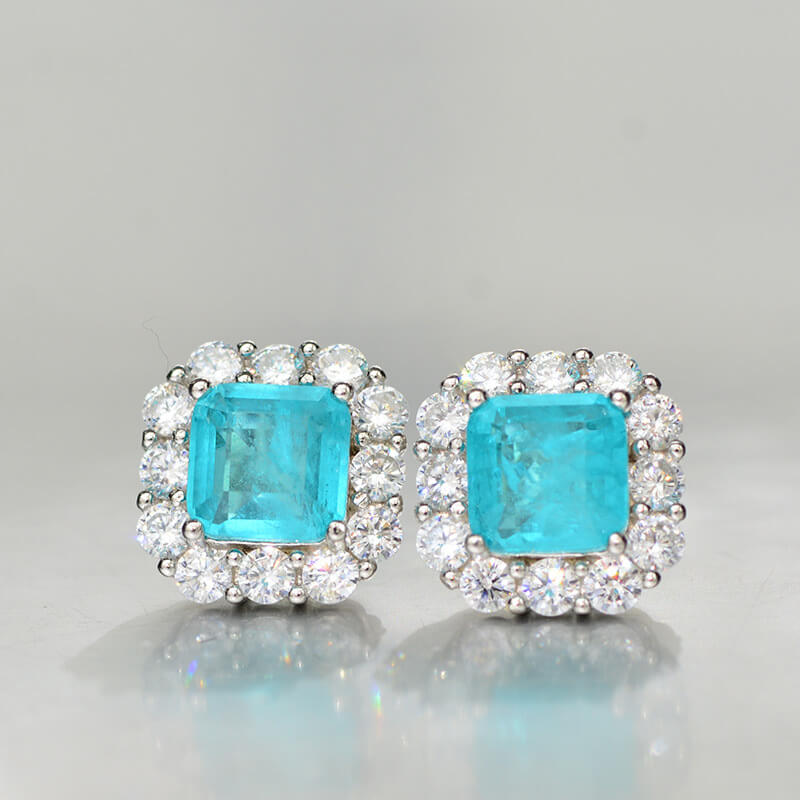 Halo Cushion Cut Paraiba Tourmaline Sterling Silver Stud Earrings