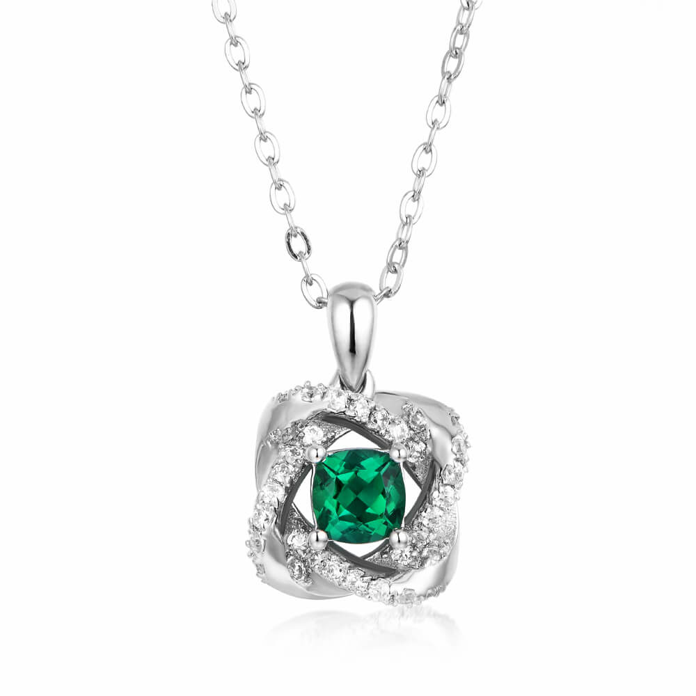 Cushion Lab-Created Emerald Knot Sterling Silver Necklace
