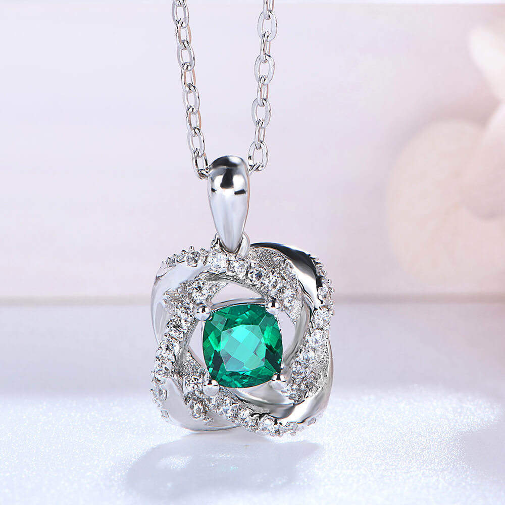 Cushion Lab-Created Emerald Knot Sterling Silver Necklace