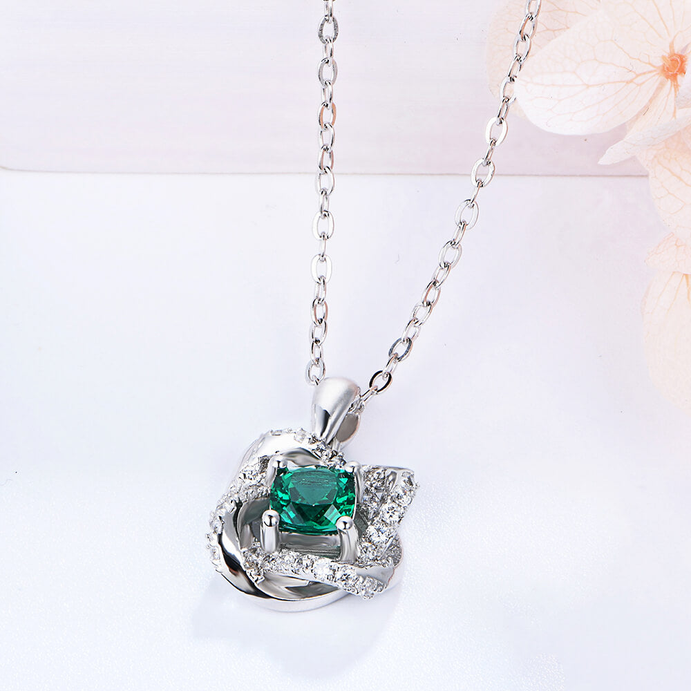 Cushion Lab-Created Emerald Knot Sterling Silver Necklace