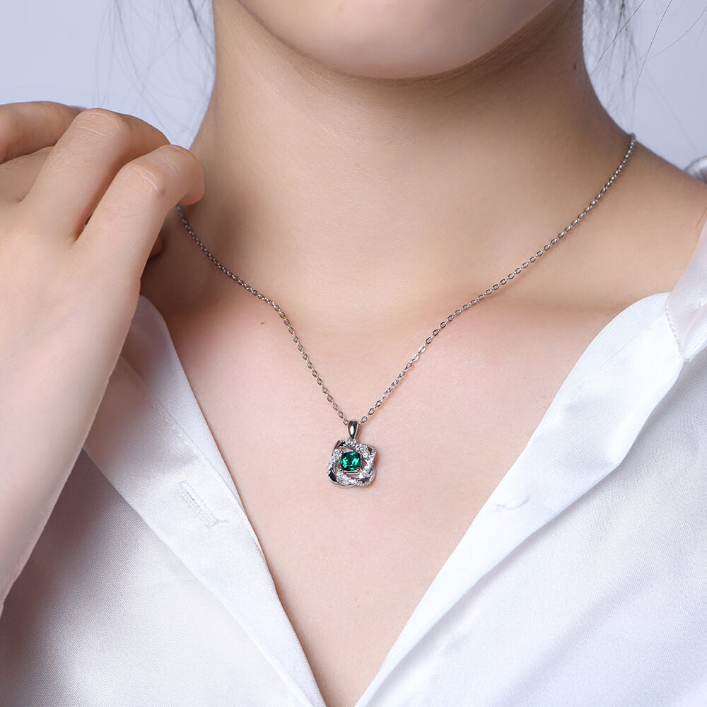 Cushion Lab-Created Emerald Knot Sterling Silver Necklace