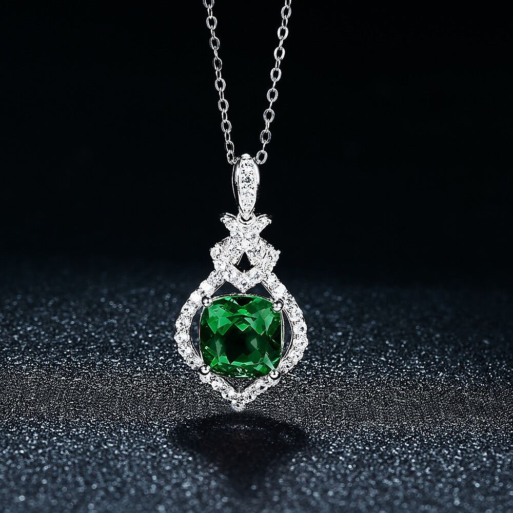 Halo Cushion Lab-Created Emerald Sterling Silver Necklace