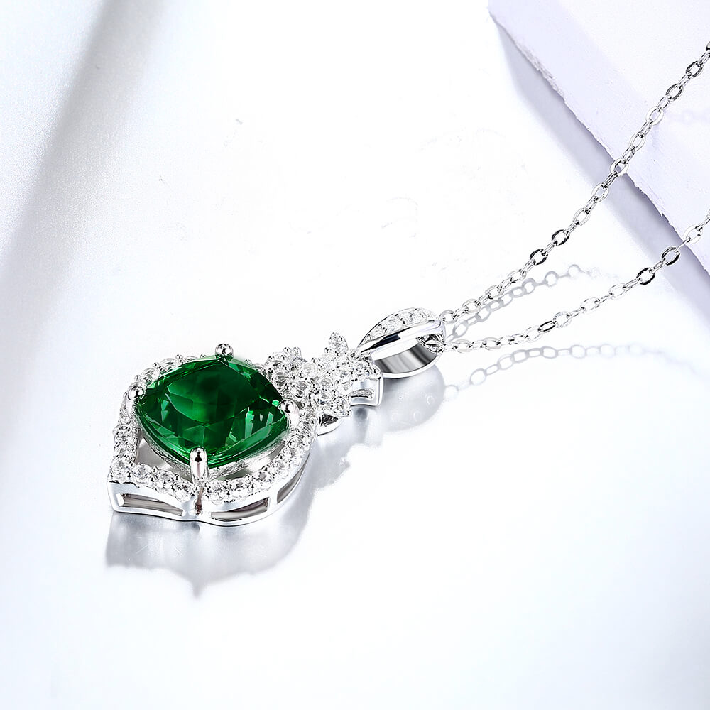 Halo Cushion Lab-Created Emerald Sterling Silver Necklace
