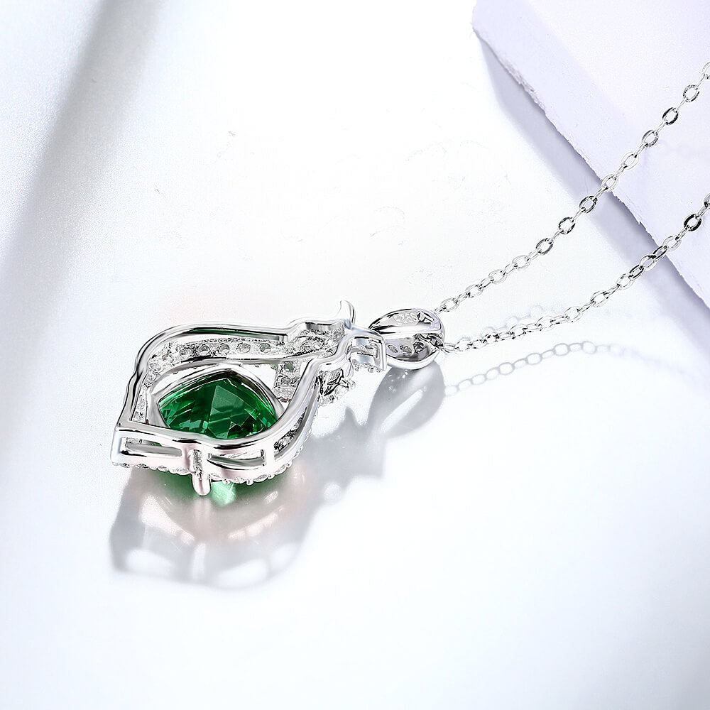 Halo Cushion Lab-Created Emerald Sterling Silver Necklace