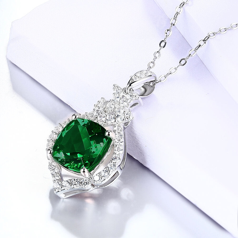 Halo Cushion Lab-Created Emerald Sterling Silver Necklace