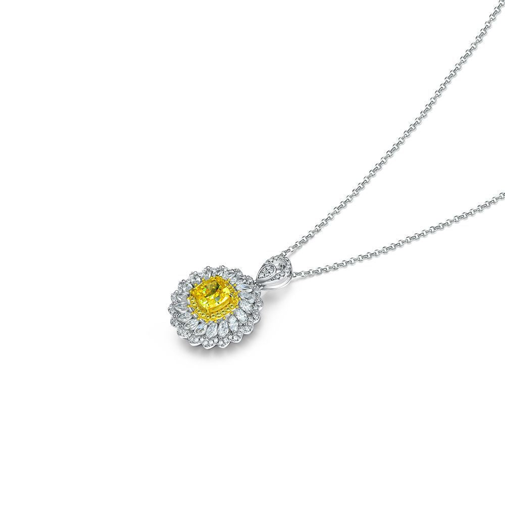 Halo Cushion Yellow Lab-Sapphire Two Tone Sterling Silver Necklace
