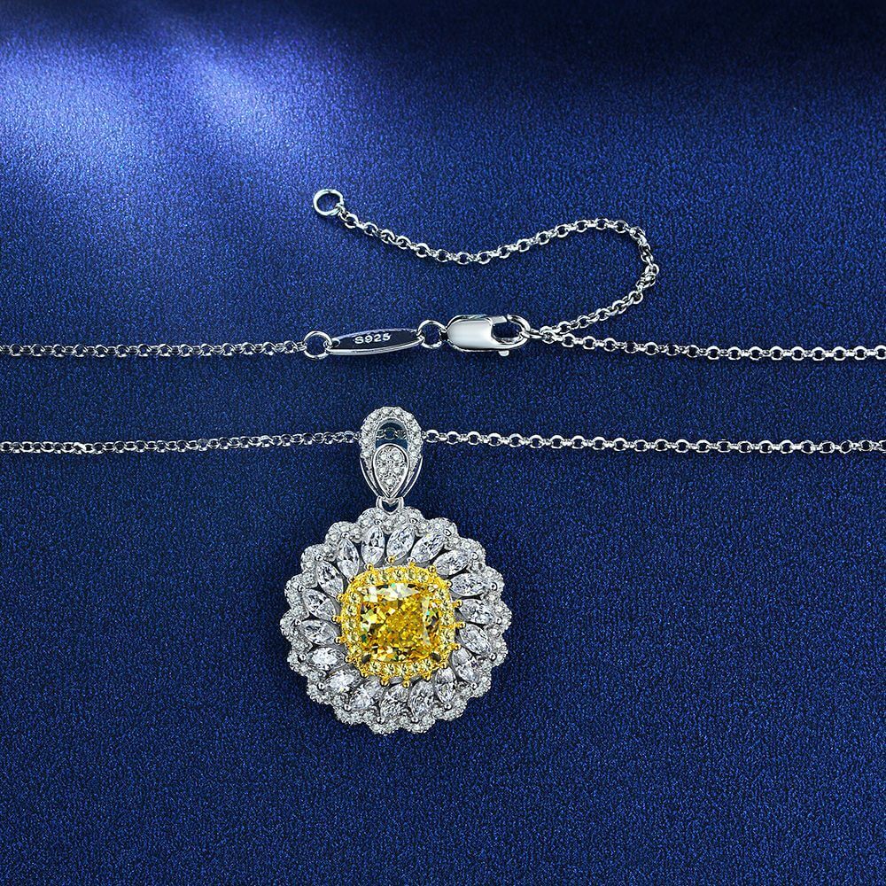 Halo Cushion Yellow Lab-Sapphire Two Tone Sterling Silver Necklace