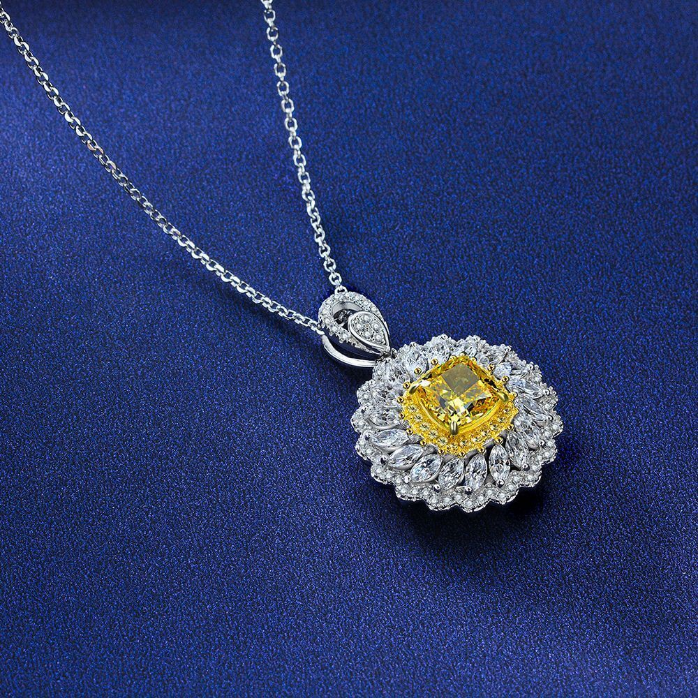 Halo Cushion Yellow Lab-Sapphire Two Tone Sterling Silver Necklace