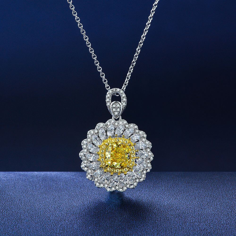 Halo Cushion Yellow Lab-Sapphire Two Tone Sterling Silver Necklace