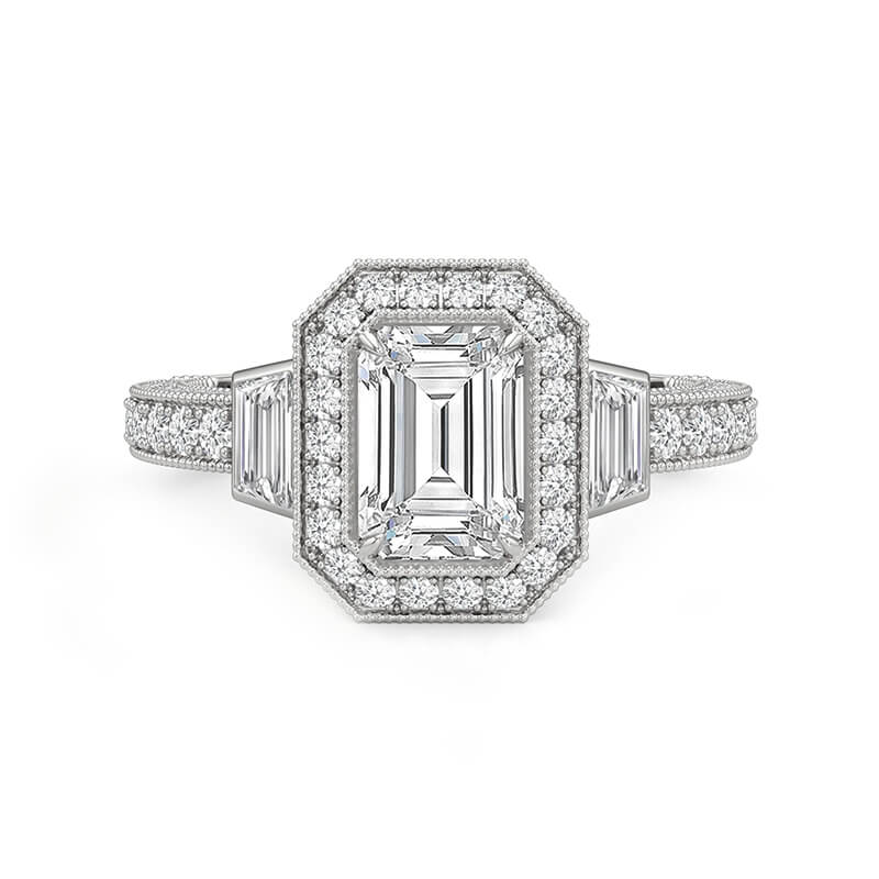 Halo Emerald-Cut Moissanite Milgrain Pave Engagement Ring