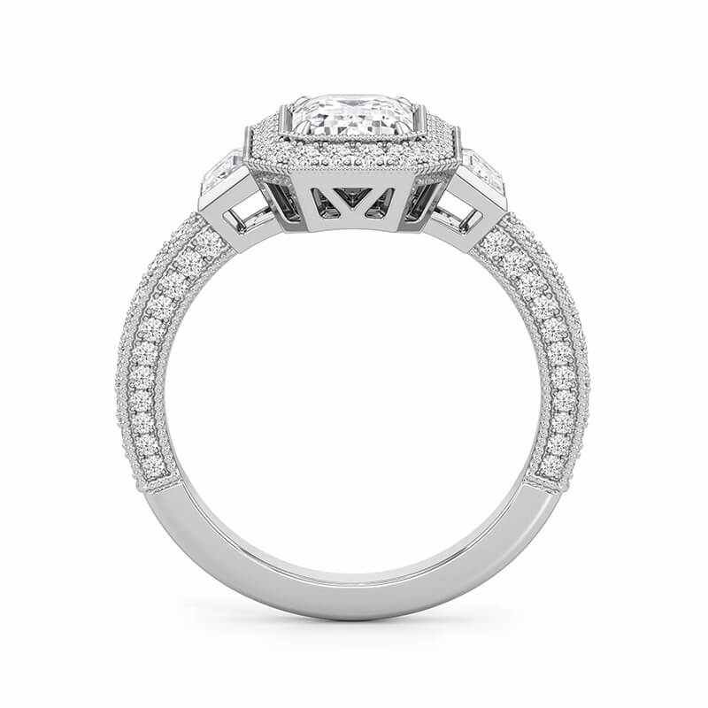 Halo Emerald-Cut Moissanite Milgrain Pave Engagement Ring