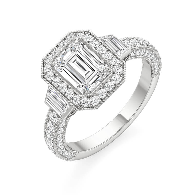 Halo Emerald-Cut Moissanite Milgrain Pave Engagement Ring