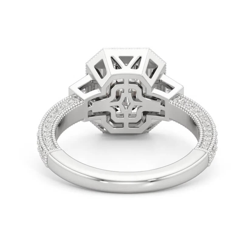 Halo Emerald-Cut Moissanite Milgrain Pave Engagement Ring