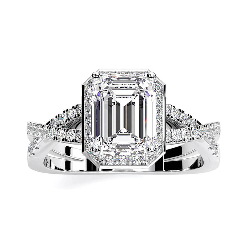 Halo Emerald-Cut Moissanite Twisted Vine Pave Engagement Ring