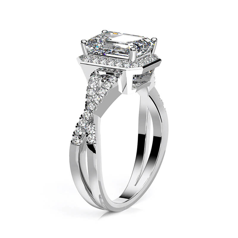 Halo Emerald-Cut Moissanite Twisted Vine Pave Engagement Ring