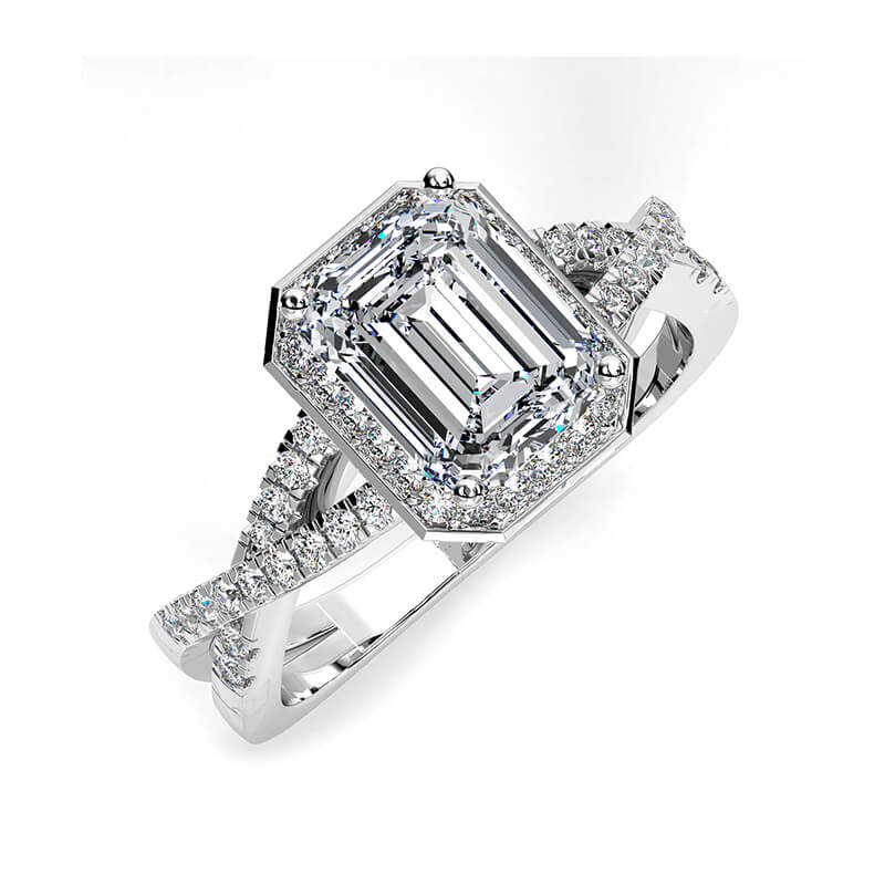 Halo Emerald-Cut Moissanite Twisted Vine Pave Engagement Ring
