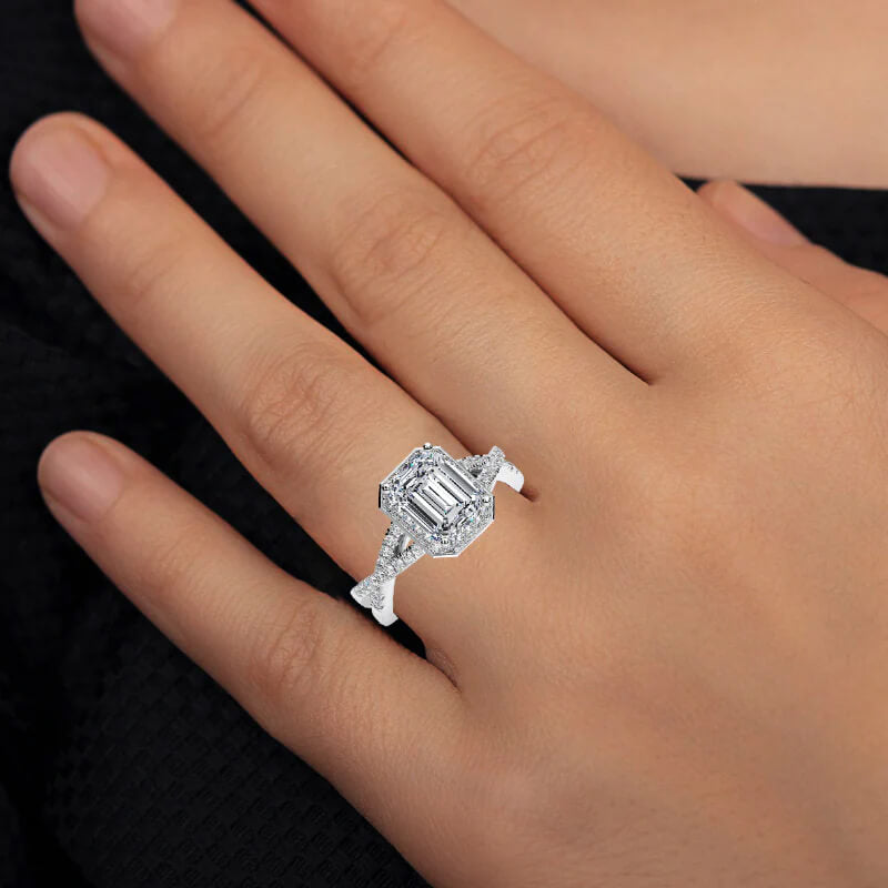 Halo Emerald-Cut Moissanite Twisted Vine Pave Engagement Ring