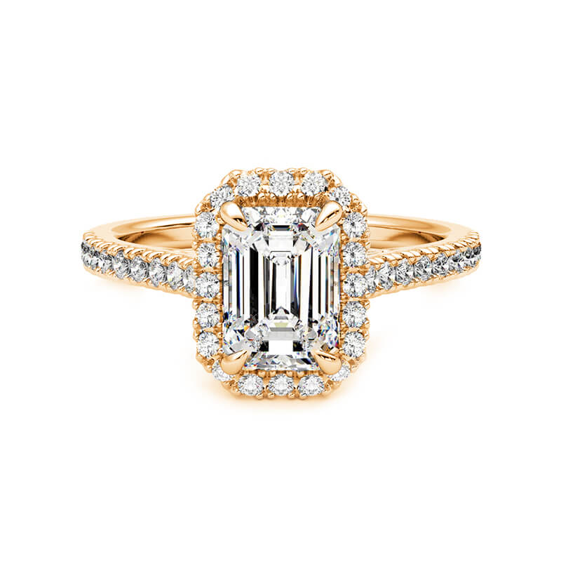 Halo Emerald Cut Moissanite Pave Gold Engagement Ring