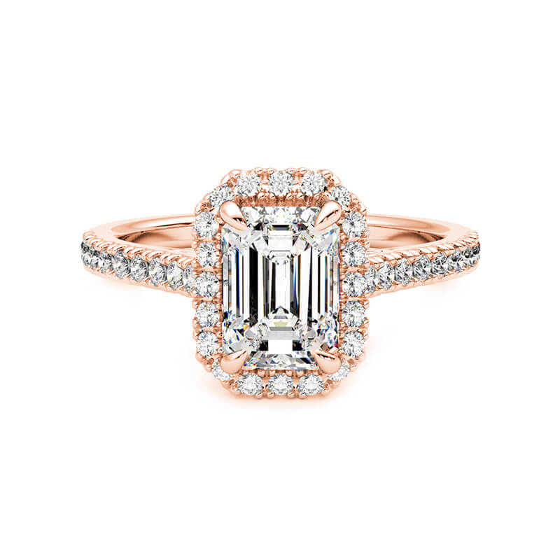 Halo Emerald Cut Moissanite Pave Gold Engagement Ring