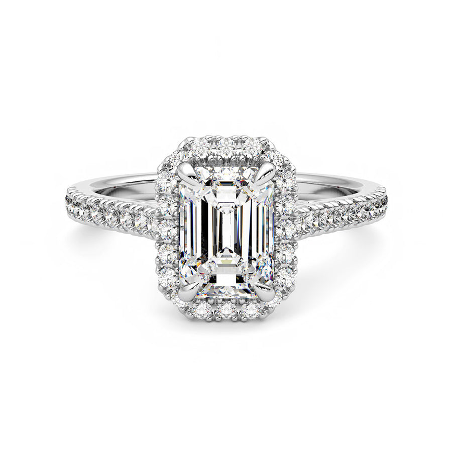 Halo Emerald Cut Moissanite Pave Gold Engagement Ring