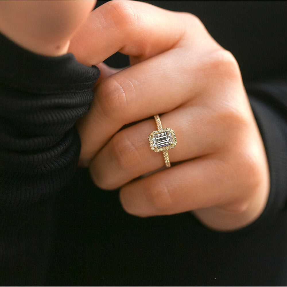 Halo Emerald Cut Moissanite Pave Gold Engagement Ring