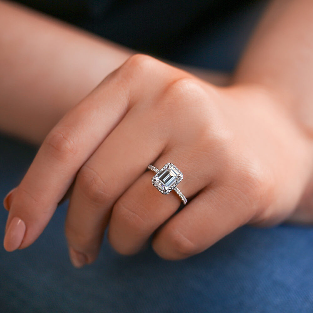 Halo Emerald Cut Moissanite Pave Gold Engagement Ring